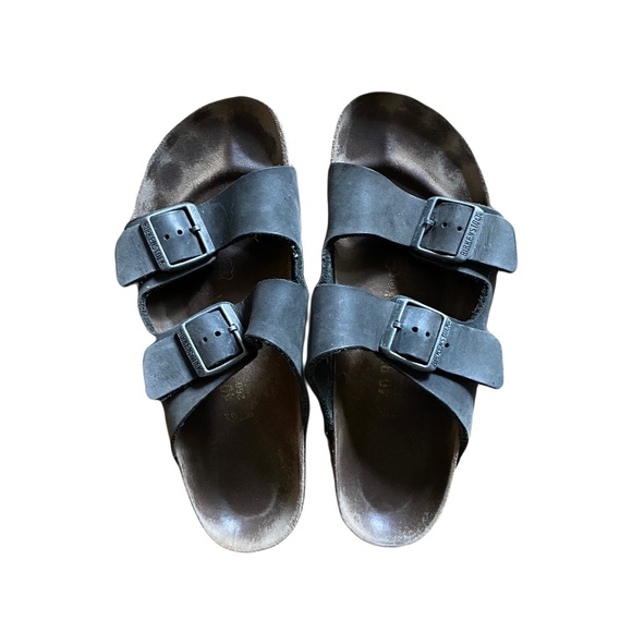 ❣️SOLD❣️Leather BIRKENSTOCKS Arizona Blue/Black with White Stripe on Side - Picture 1 of 2